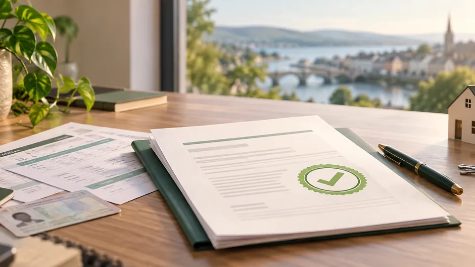 A desk by a window over an Irish town and river, with a folder holding a letter marked by a green tick, payslips, an ID card, a pen, a model house and a set of keys.