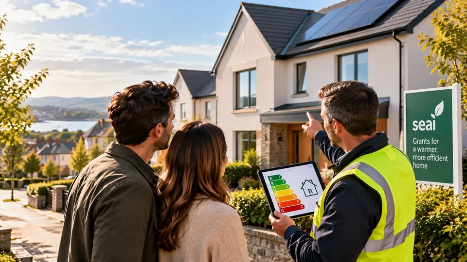 A BER assessor shows a couple an energy rating on a tablet outside a house with solar panels, next to an SEAI sign about grants for a warmer home.
