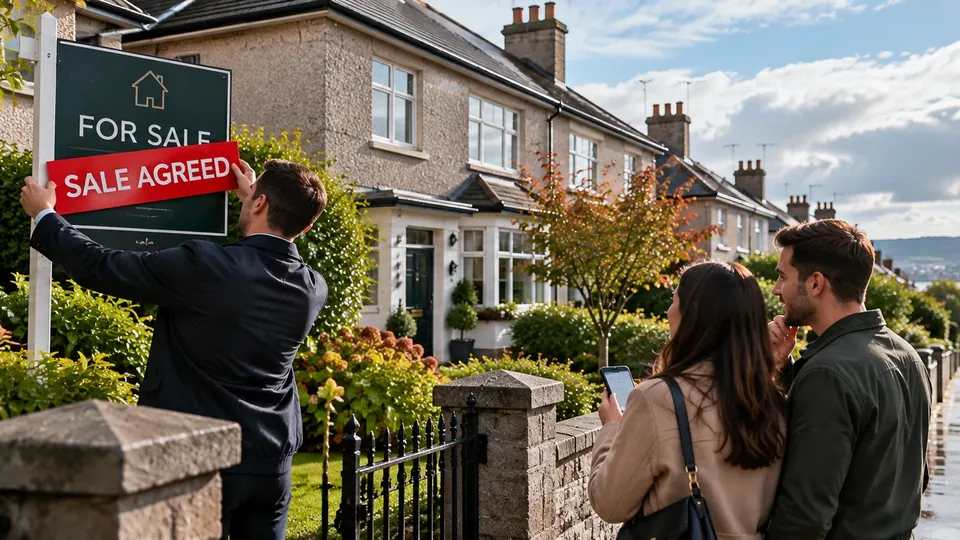 An estate agent puts a red Sale Agreed banner across a For Sale sign outside a terraced house, while a couple watch from the wet pavement.