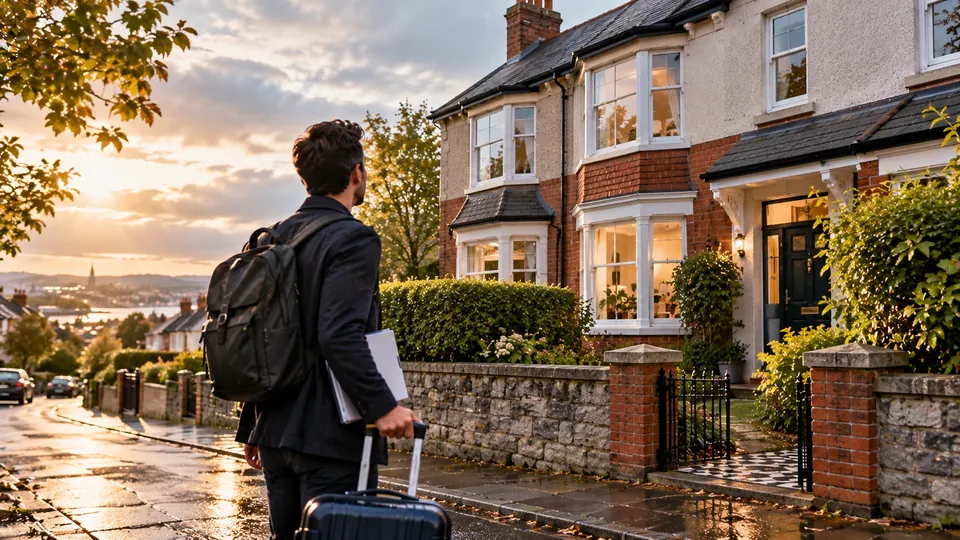 A man with a backpack and a suitcase looks up at a red brick and pebbledash house on a quiet Irish street at sunset.