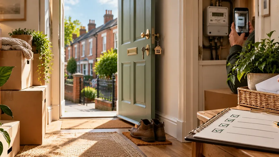 A hallway on moving day: boxes by the stairs, the front door open to the street, someone photographing the electricity meter, and a checklist beside a basket of post.