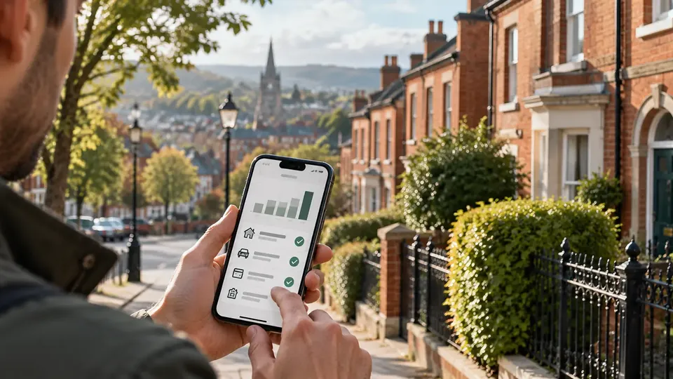 A man checks a credit report with ticked items on his phone, on a street of red brick houses with a church spire in the distance.