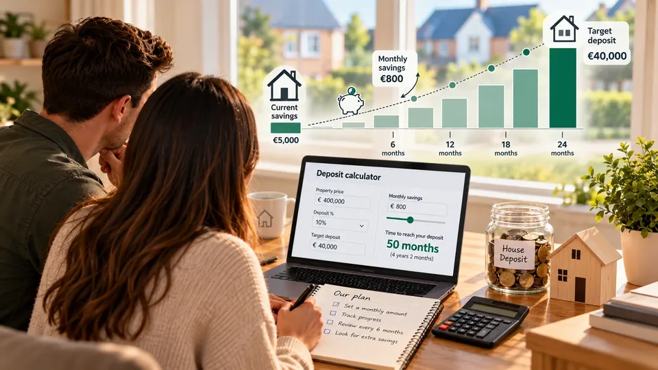 A couple plan their savings with a deposit calculator on a laptop. A chart above them climbs from €5,000 saved to a €40,000 deposit, next to a jar of coins labelled House Deposit.