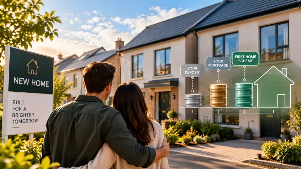 A couple look at a new house beside a New Home sign. Stacks of coins show their deposit, their mortgage and the First Home Scheme adding up to the house.