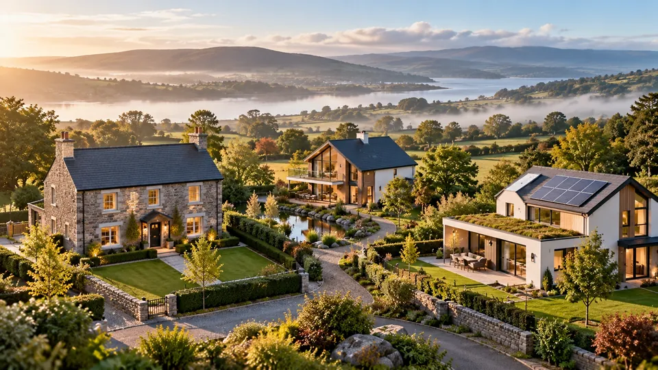 Three homes above a misty lake at sunrise: a stone cottage, a timber house and a modern house with solar panels and a green roof.