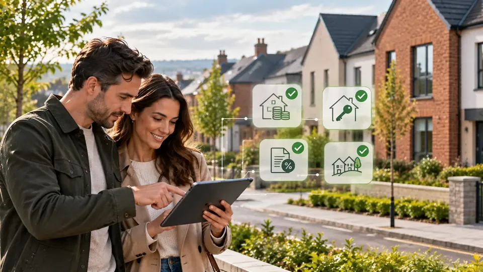 A couple look at a tablet on a street of new homes, beside four ticked symbols for savings, a new home, a loan and a local authority home.