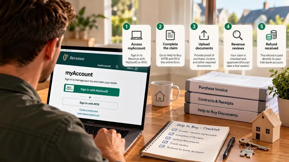 A man signs in to Revenue's myAccount on a laptop. Five numbered steps of a Help to Buy claim appear above the desk, next to folders of invoices and contracts and a ticked checklist.