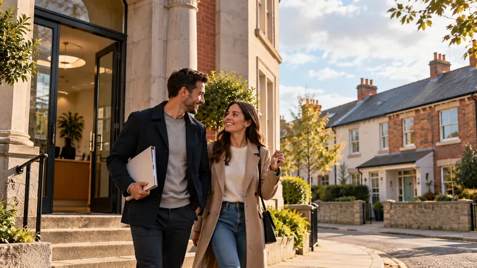 A smiling couple walk out of a council office holding a folder, on a street of red brick and cream terraced houses.
