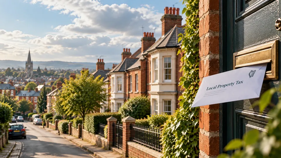 A Local Property Tax letter in the letterbox of a dark front door, above a sunny street of red brick houses with a church spire behind.