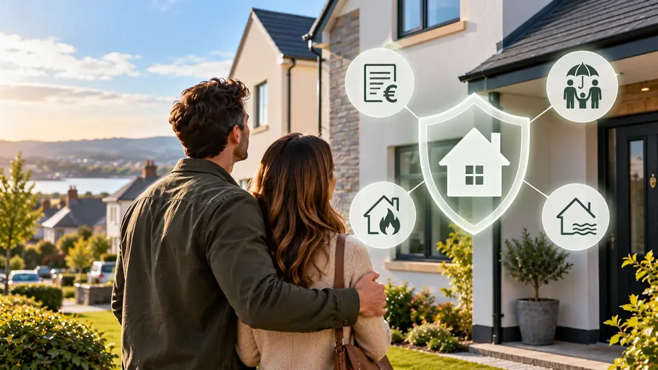 A couple look at their new house. A shield with a home on it is linked to four symbols: a policy document, cover for the family, fire and flood.