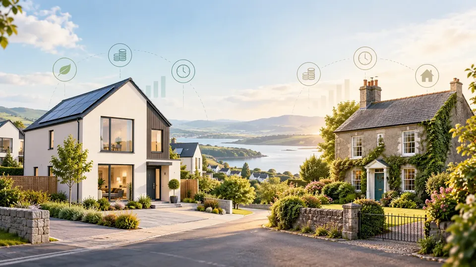 A new white house with solar panels and an older stone house covered in ivy, on either side of a road by the sea, with small symbols for energy, cost and time above them.