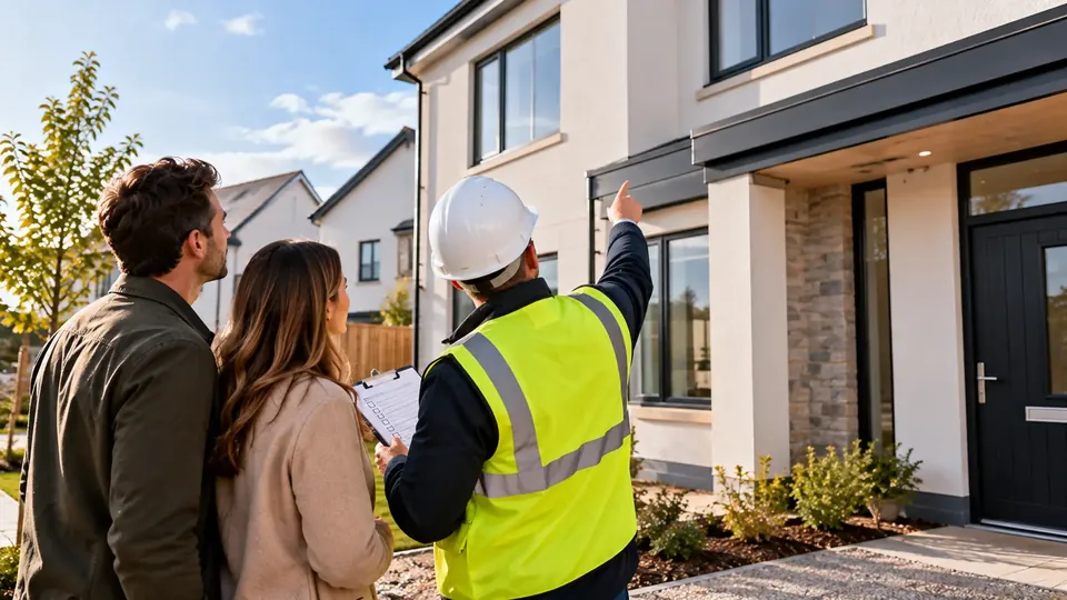 A site manager in a hard hat and high visibility vest points out a detail on a new house to a couple, holding a snag list on a clipboard.