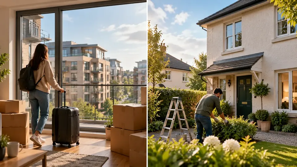 Two scenes side by side: a woman with a suitcase arrives at a rented apartment full of boxes, and a man tends the garden of a house he owns.