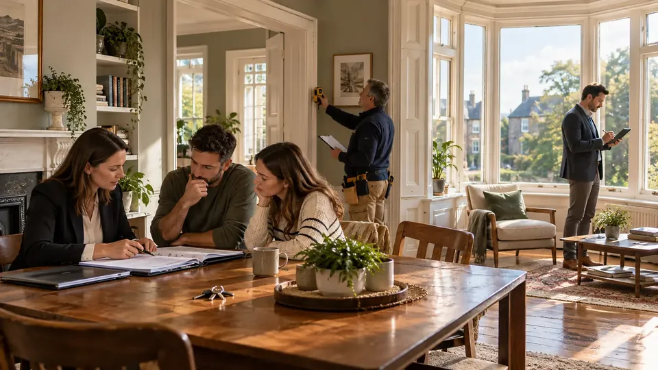 A couple go through documents with a solicitor at a dining table, while a surveyor checks a wall with a meter and a valuer takes notes by the bay window.
