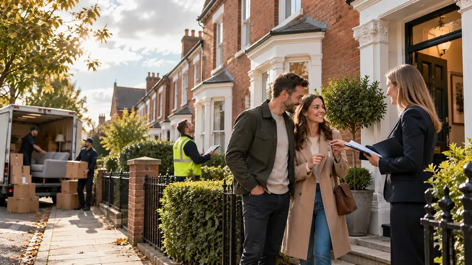 An estate agent hands a smiling couple their keys outside a red brick house, while movers unload a van and a man in a high visibility vest checks a clipboard.