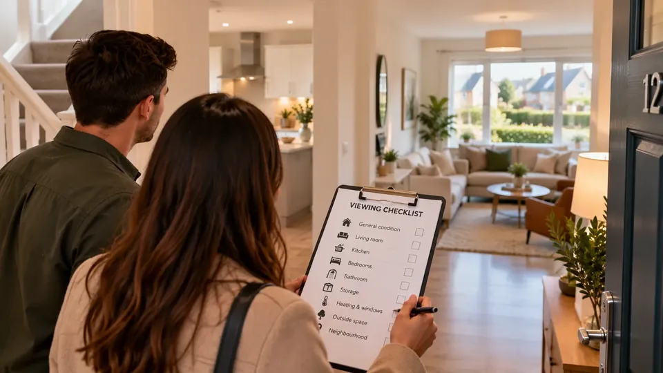 A couple step into a bright house for a viewing, with a checklist on a clipboard covering the rooms, heating, storage, outside space and the neighbourhood.