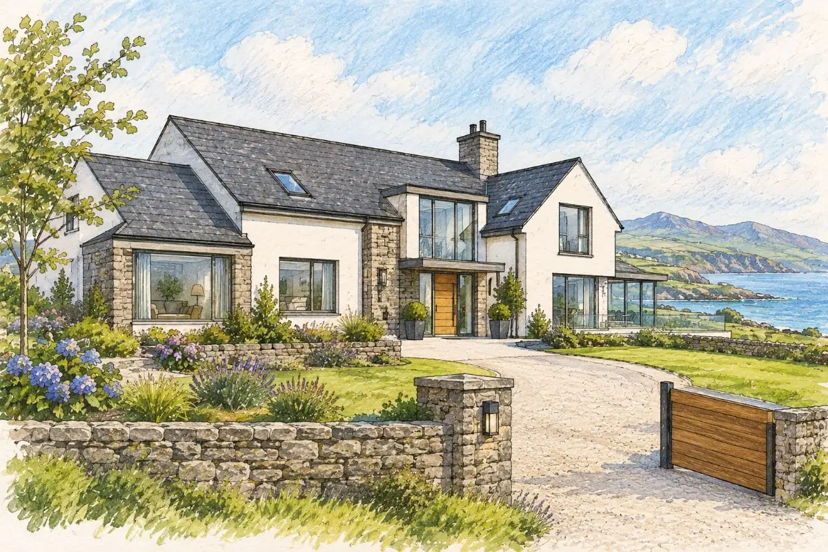 Illustrated Irish home above the coast